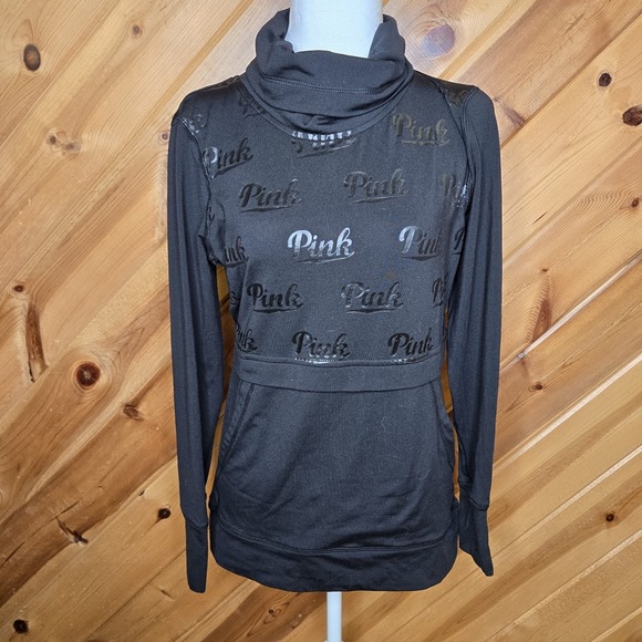 Victoria's Secret PINK Ultimate Pullover Athletic Top Black Sz XS Logo Thumbhole - Picture 1 of 6